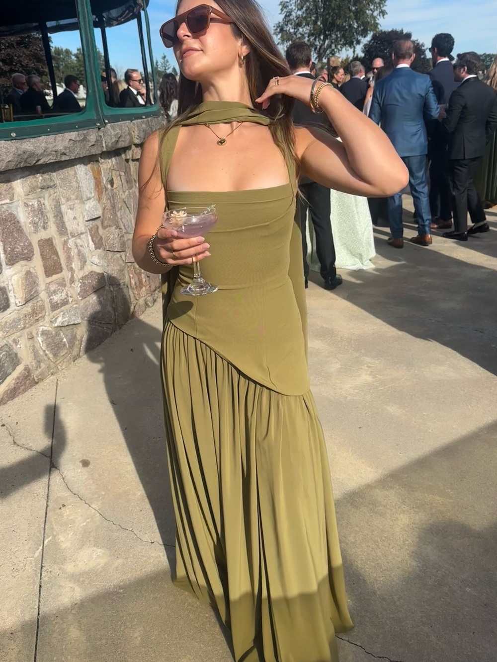 Olive Green Strapless Maxi Dress with Scarf Neck Detail - Picture 3 of 3